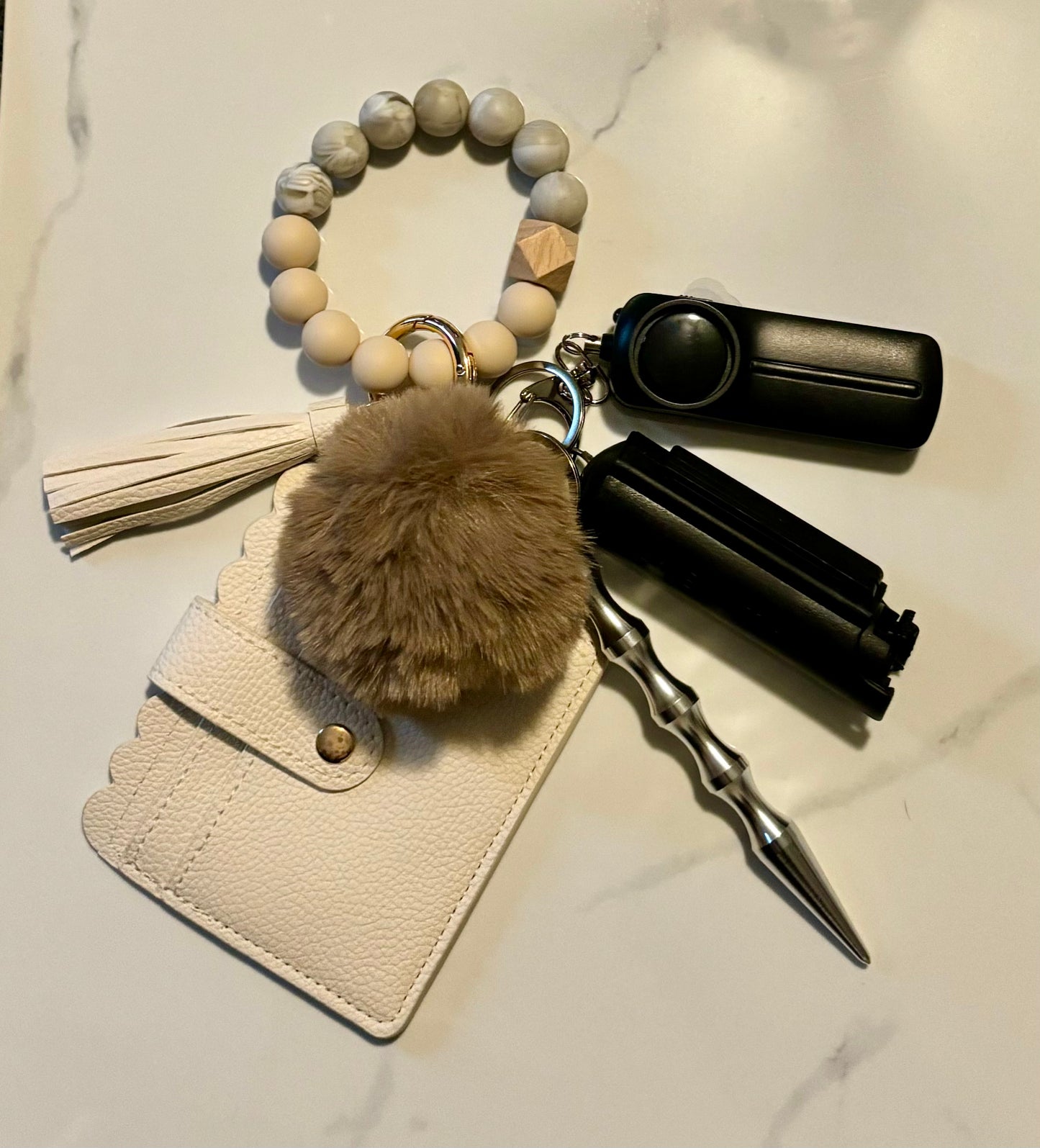 Beaded Wallet Safety Keychain Cream