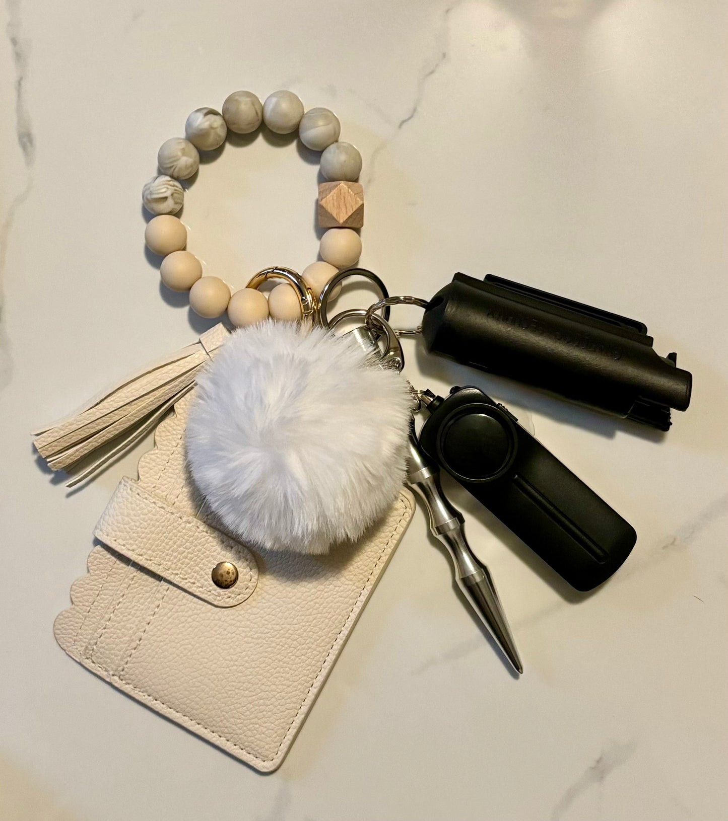 Beaded Wallet Safety Keychain Cream