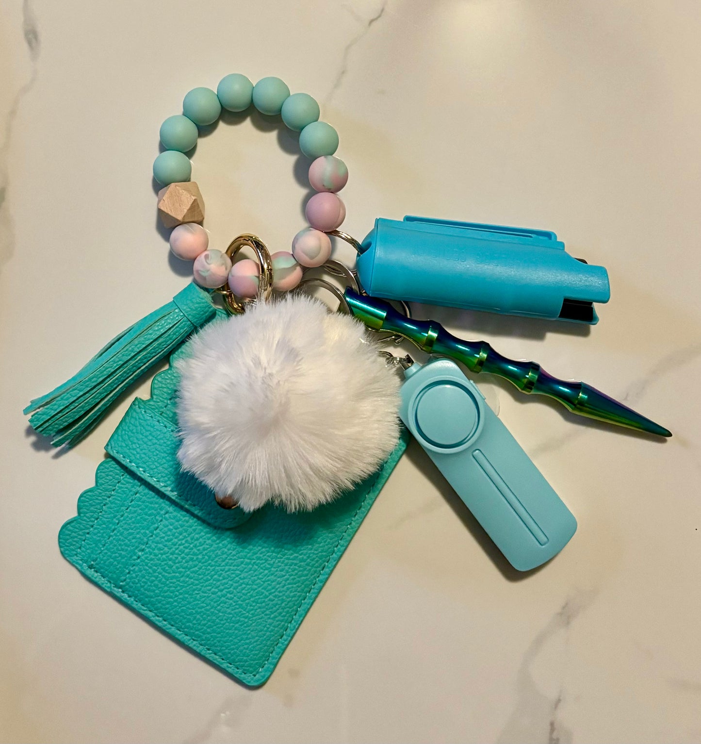 Beaded Wallet Safety Keychain Blue