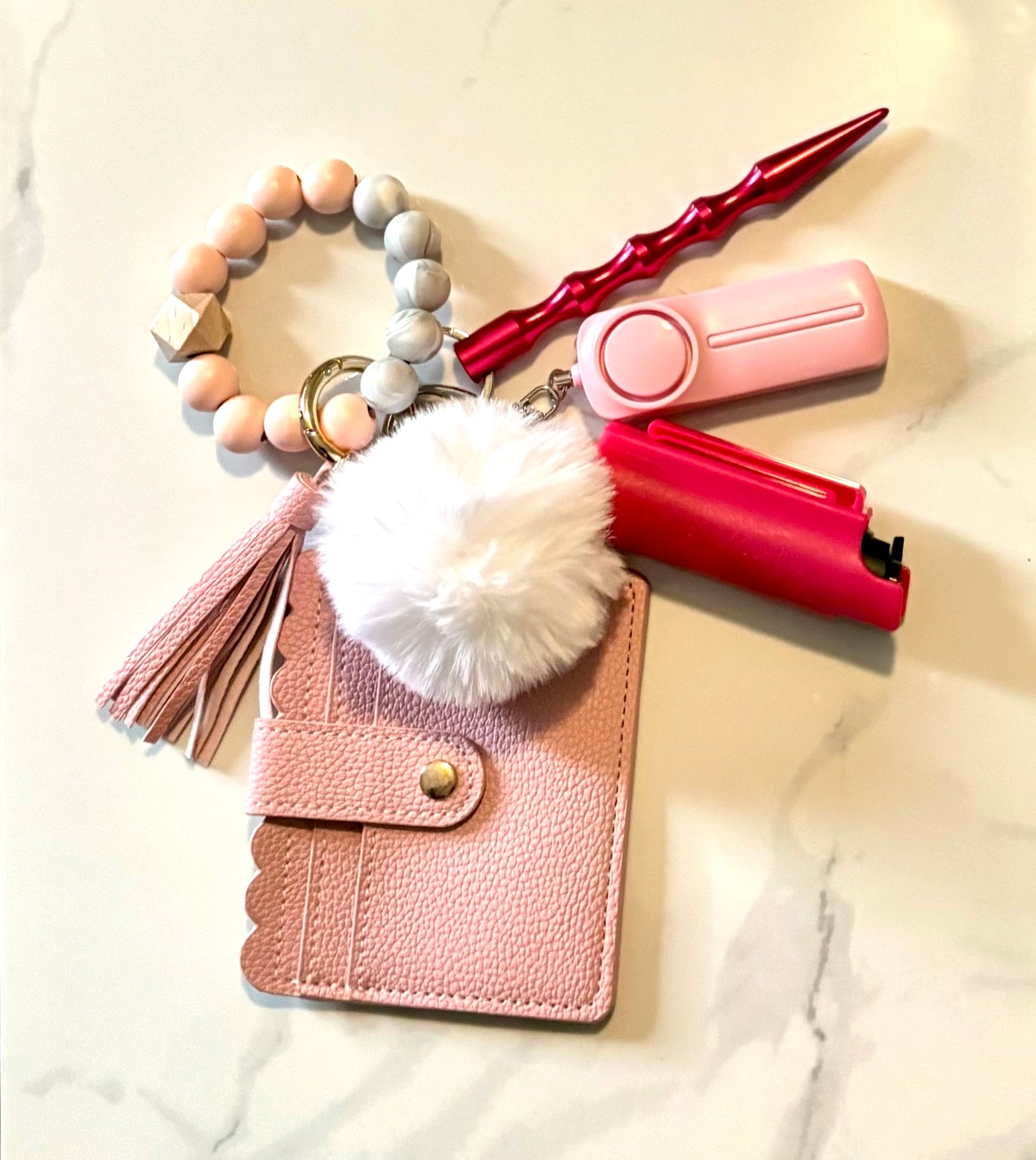 Beaded Wallet Safety Keychain Pink